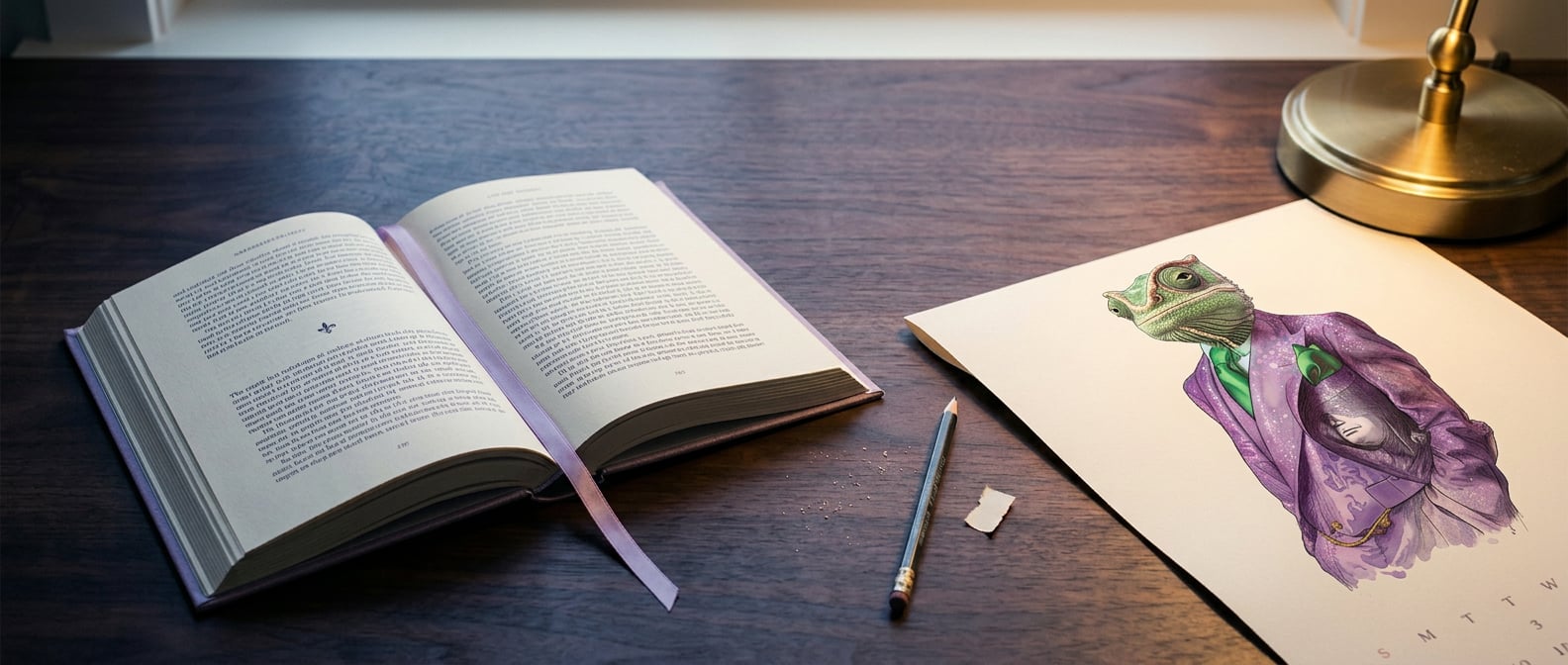 Aufgeschlagenes Buch mit lavendelfarbenem Lesebändchen links, daneben ein illustrierter Druck mit einem Tier in Renaissance-Halskrause, Bleistift und Papierabschnitt zwischen beiden Welten, warmes Licht einer Messinglampe rechts.