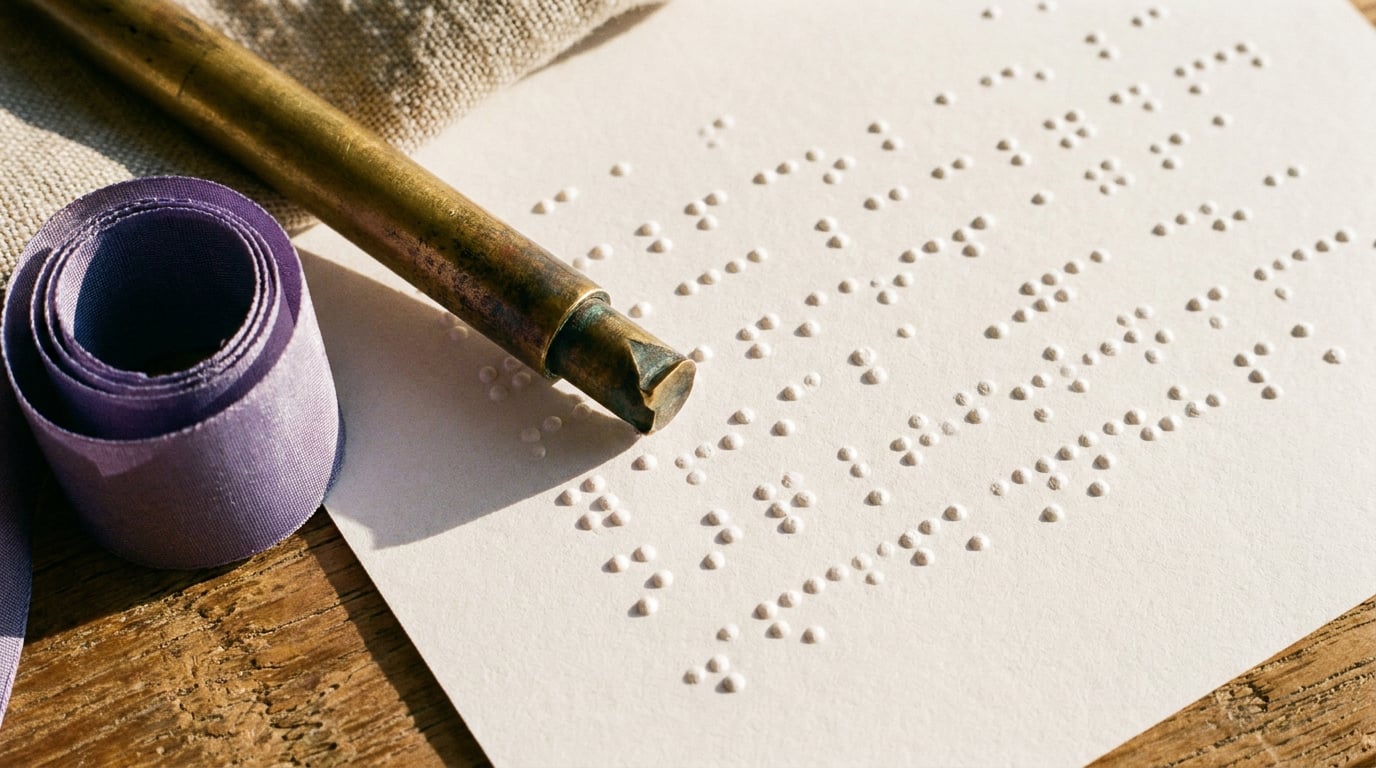 Stillleben mit Brass-Prägewerkzeug auf Papier mit ertasteten Erhöhungen, daneben lavendelfarbenes Band, gewebte Leinen-Probe am Rand.
