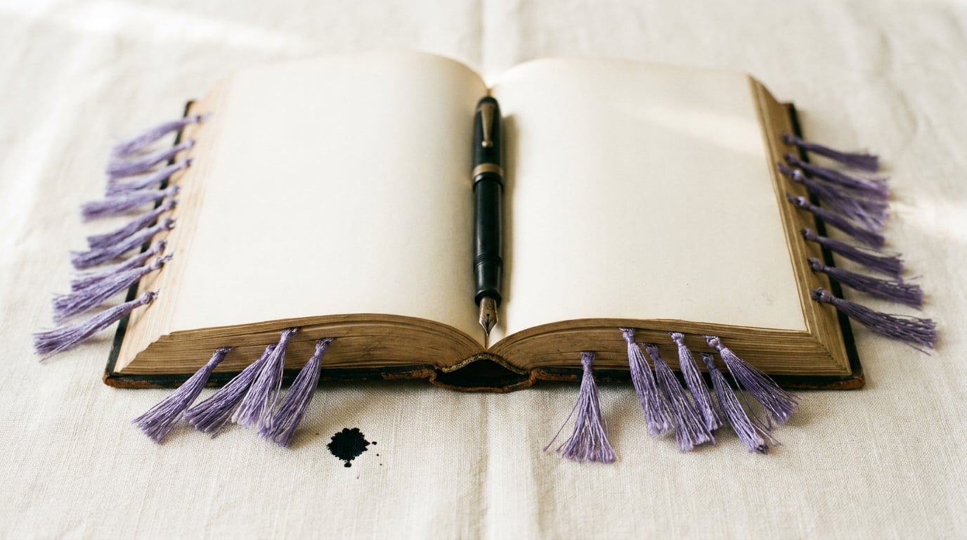 Aufgeschlagenes Ledger-Buch auf Leinen, dessen Seiten von Dutzenden schmaler lavendelfarbener Seidenbänder als Bookmarks aufgefächert sind, ein Füller quer über dem Rücken.