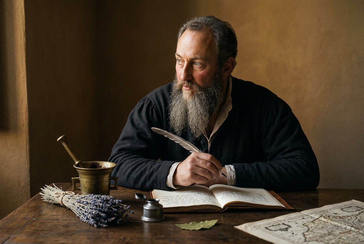 Imaginiertes Porträt Michel de Nostredames am Schreibtisch in Salon-de-Provence: Federkiel in der Hand, aufgeschlagenes Notizbuch in gotischer Kursivschrift, Messing-Mörser, getrockneter Lavendel, angeschnittene Provence-Karte, warmes Tageslicht von links.