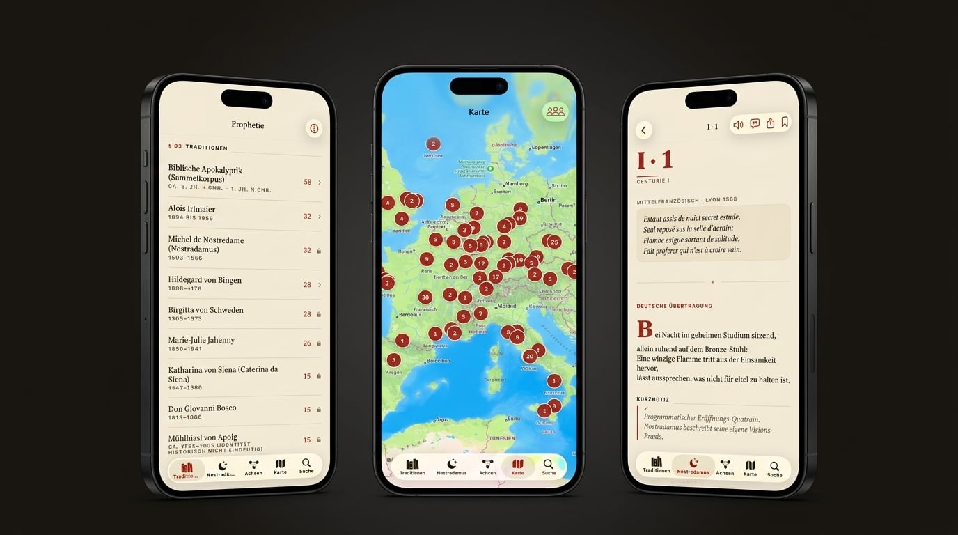Drei Screenshots der Prophetie-App: Liste der prophetischen Traditionen, Detailansicht eines Centurien-Quatrains, Karten-Tab mit geocodierten Orten.