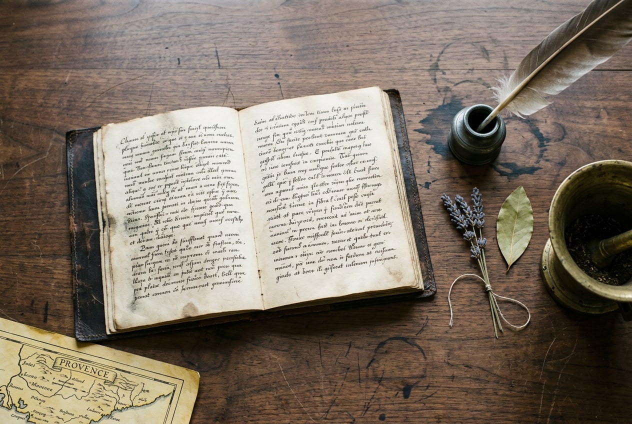 Apothekerschreibtisch in Salon-de-Provence: aufgeschlagenes Notizbuch in gotischer Kursivschrift, Federkiel im Tintenfass, getrockneter Lavendel mit Bastschnur, Lorbeerblatt, Messing-Mörser, angeschnittene Provence-Karte unten links.