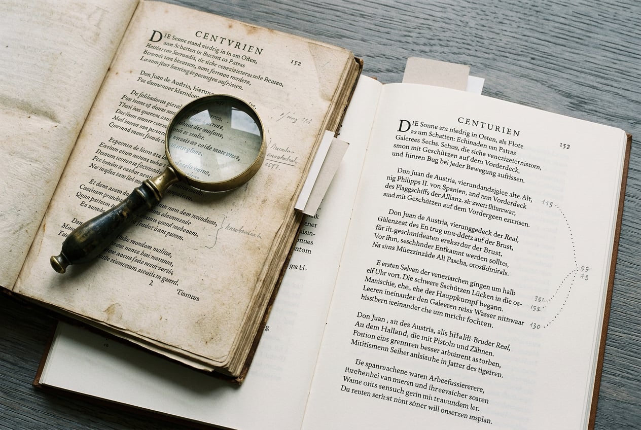 Werkstattschreibtisch: zwei aufgeschlagene Faksimile-Drucke der Centurien übereinander, links die ältere Lyoner Erstausgabe, rechts ein moderner Satz mit Bleistift-Anmerkungen am Rand, eine Messing-Lupe ruht auf dem oberen Druck, Bookmark-Klebezettel zwischen den Seiten.