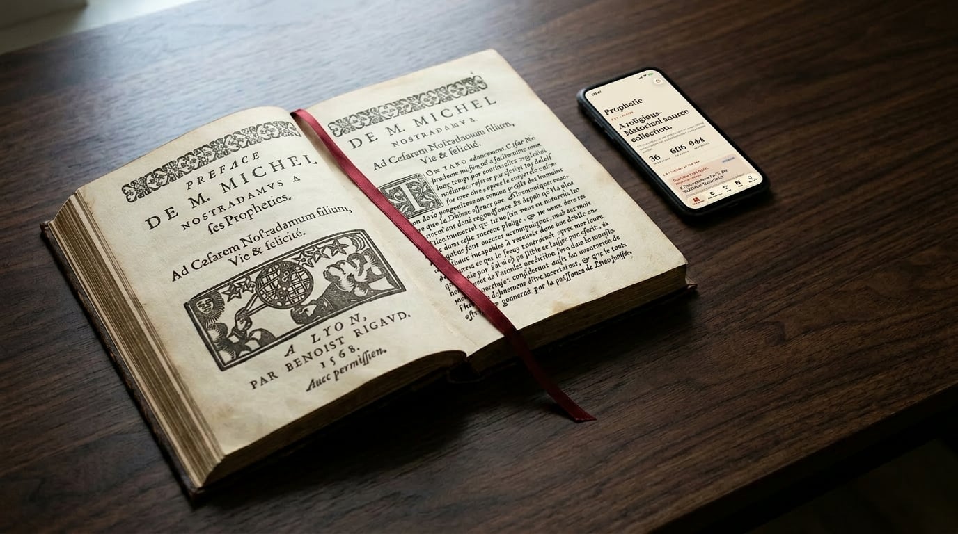 Aufgeschlagene Faksimile-Doppelseite der Bonhomme-Erstausgabe von 1555 neben einem iPhone mit der Prophetie-App.