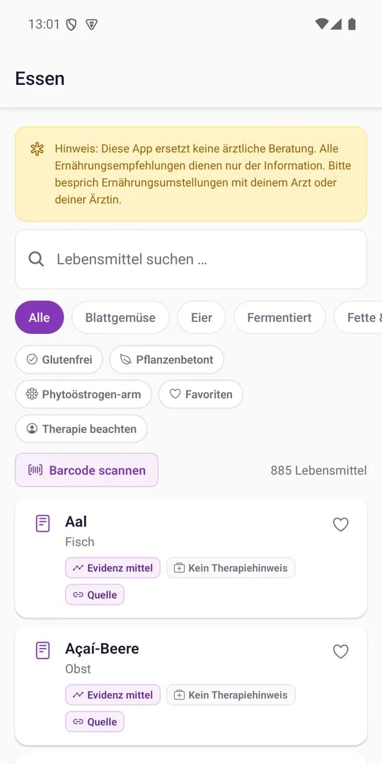 Brustkrebs-Kompass: Lebensmittel nachschlagen.