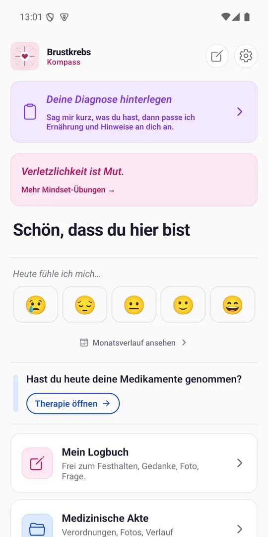 Brustkrebs-Kompass: der Heute-Bildschirm mit Stimmung, Medikamenten und Logbuch.