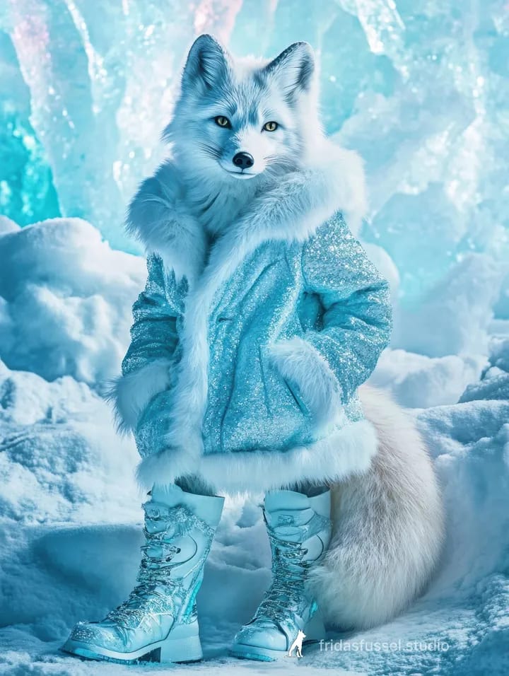 Polarfuchs im hellblauen Pelzmantel vor Eis.