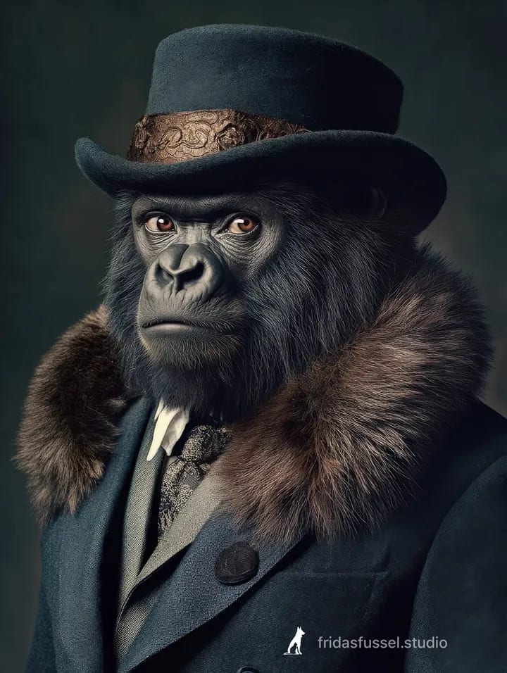 Gorilla mit Melone und Pelzmantel.
