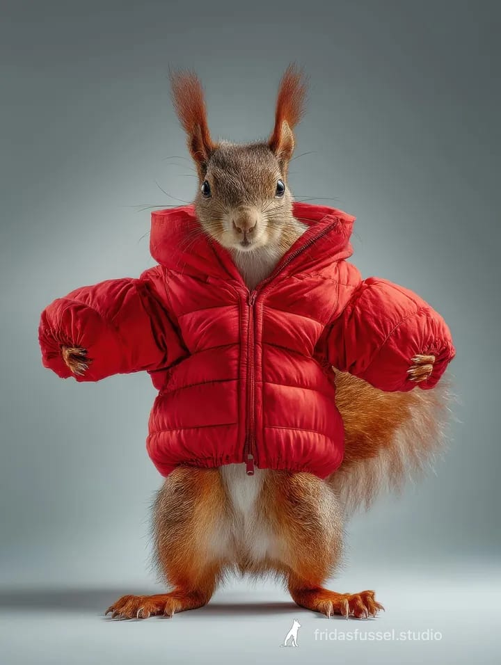 Eichhörnchen in roter Daunenjacke.